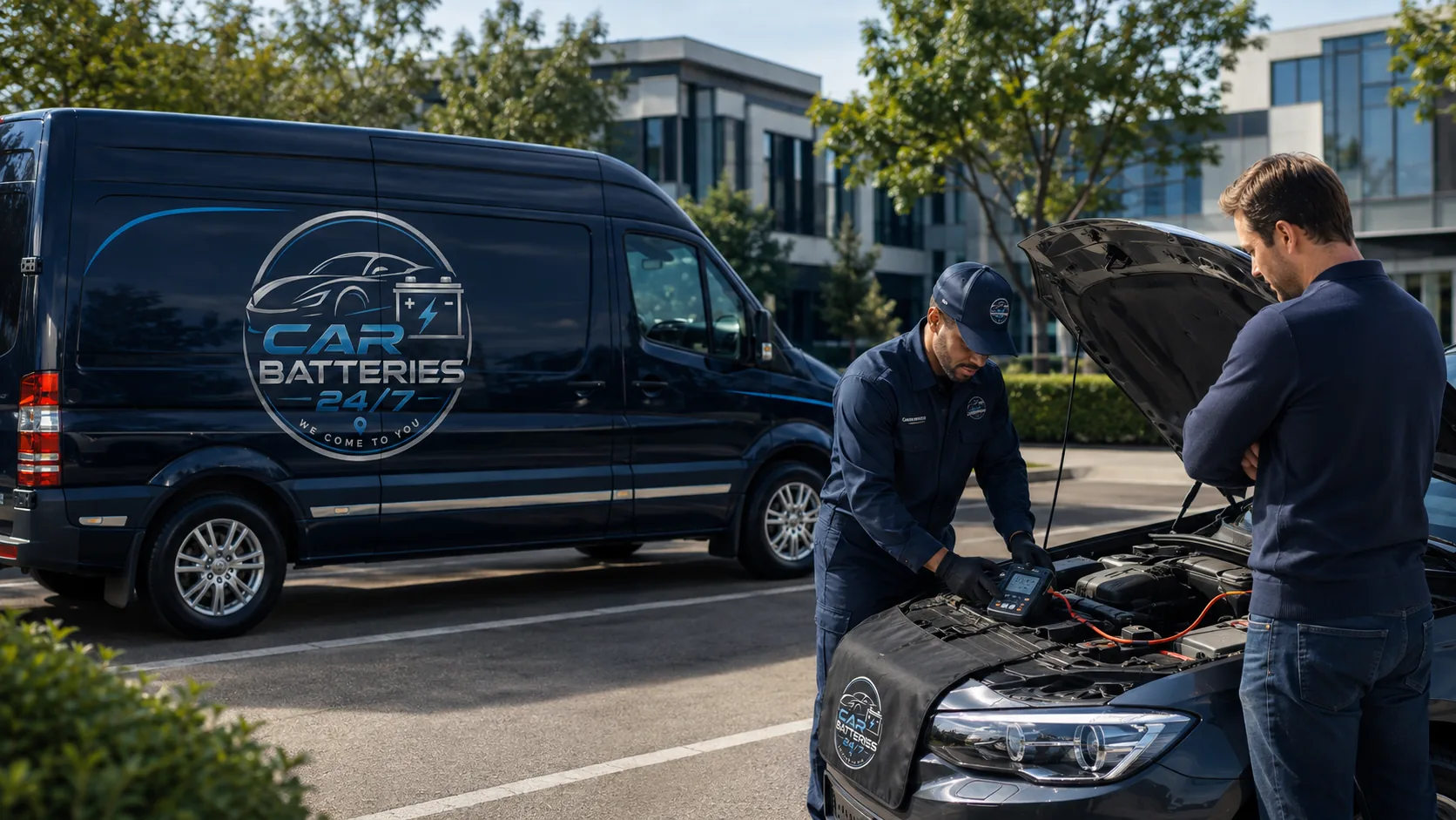 Technician checking a vehicle during mobile battery and starting-system assistance