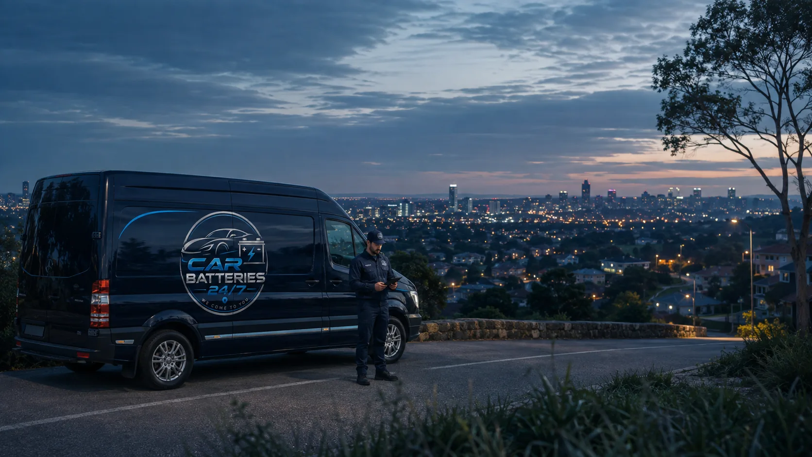 Car Batteries 24/7 service vehicle overlooking Johannesburg service areas